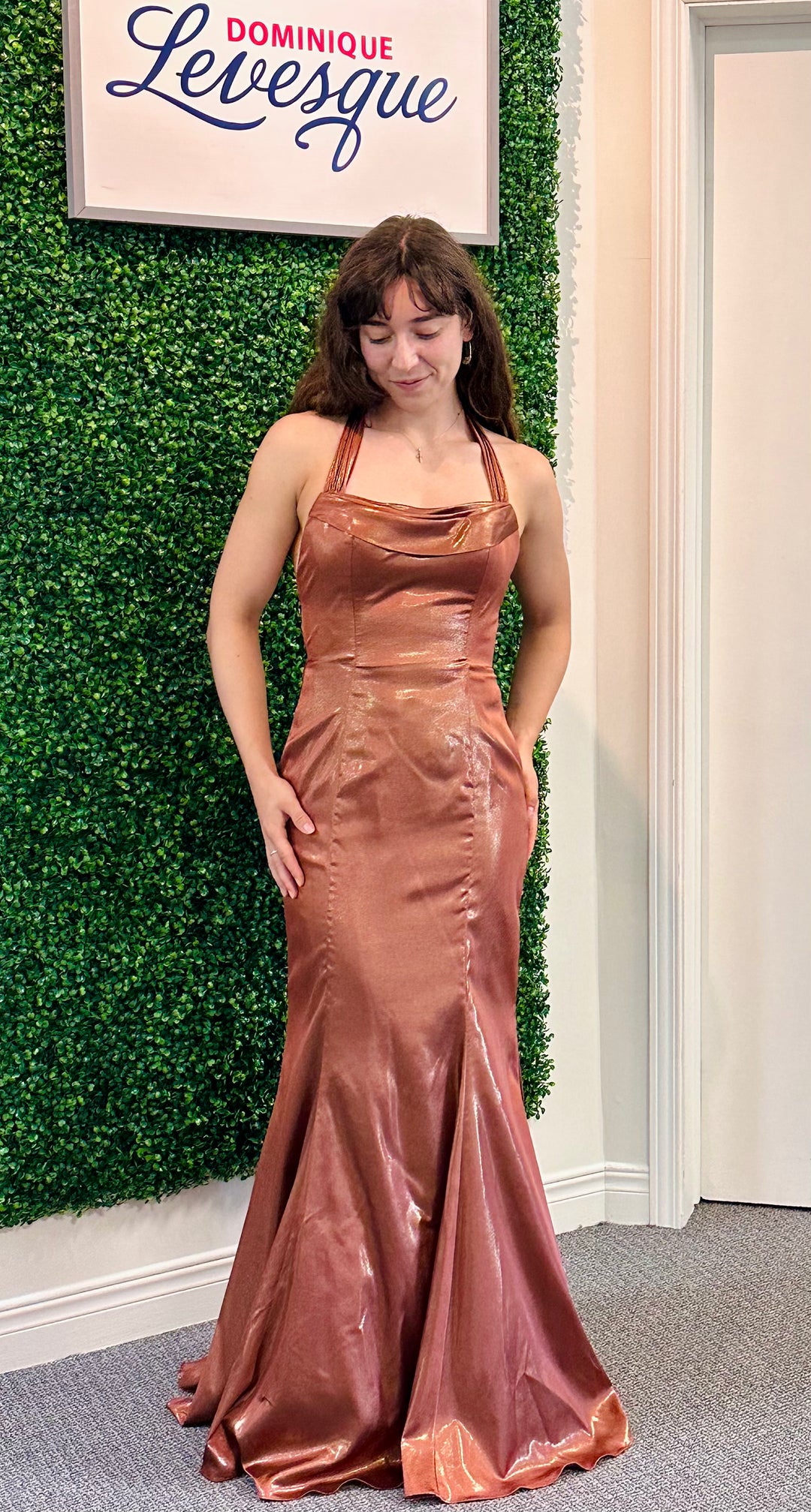 Woman in a bronze evening gown standing against a green wall with 'Dominique Levesque' sign.
